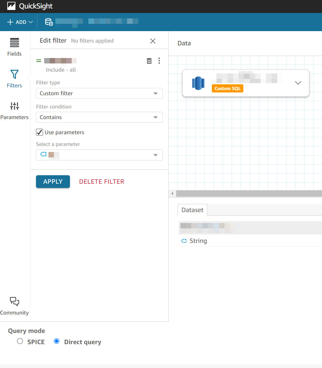 QuickSight interface showing filter options and query mode selection for data analysis.