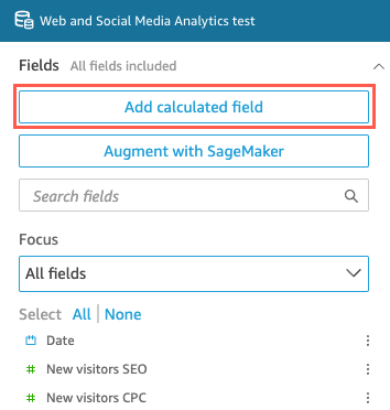 Fields pane with "Add calculated field" button highlighted at the top.