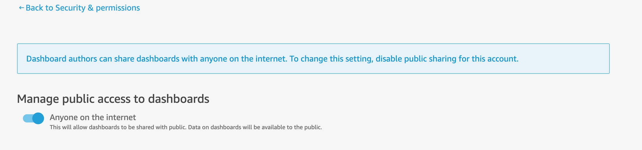 Toggle switch for "Anyone on the internet" to manage public access to dashboards.