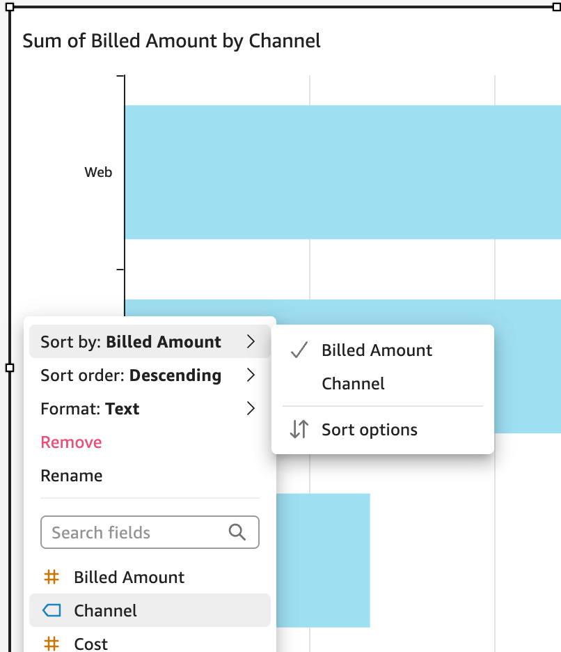 Chart showing sum of billed amount by channel with sorting options and field selection menu.