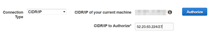 Input field for CIDR/IP address to authorize access, with an example IP address shown.