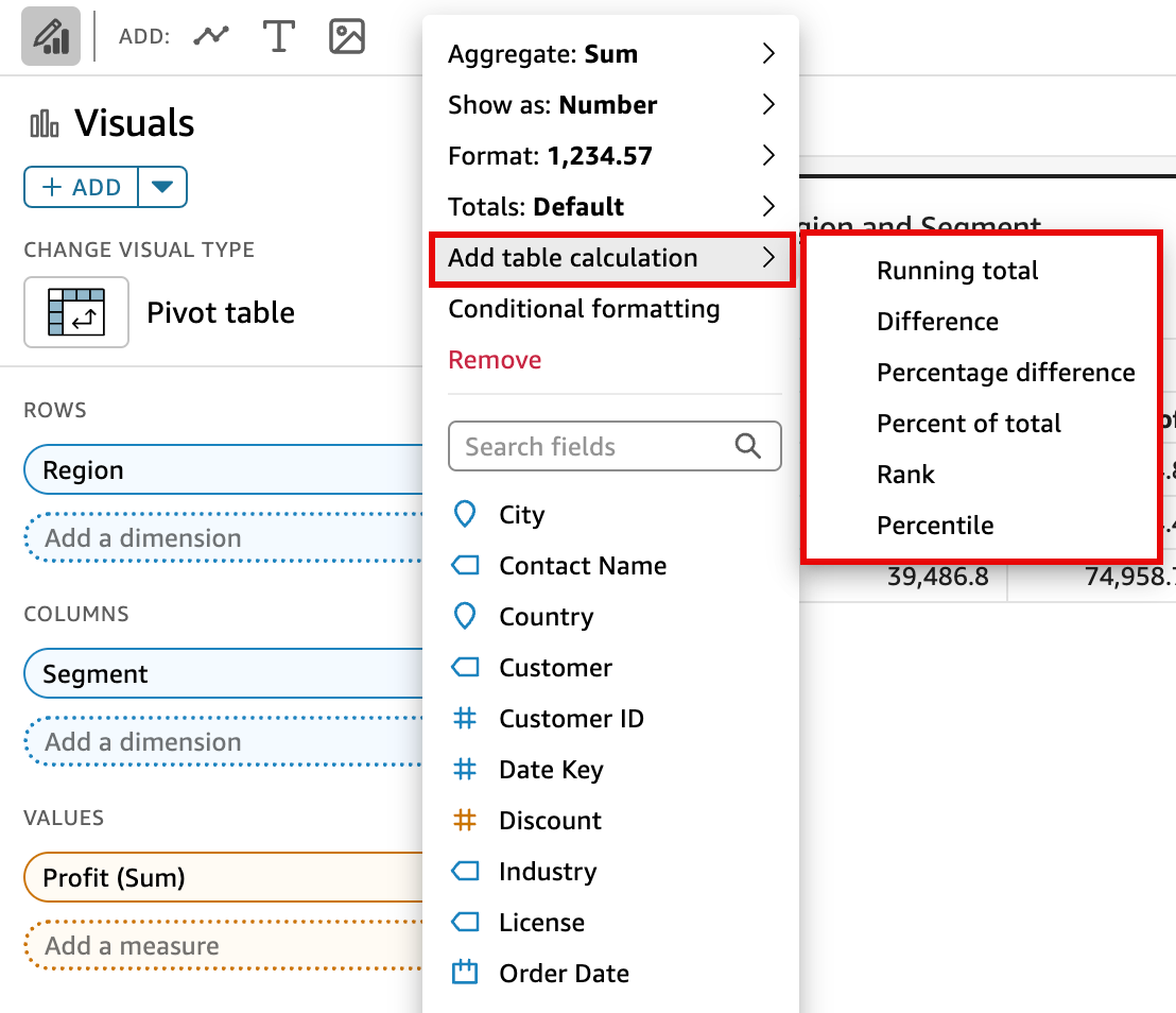 Pivot table interface showing options to add table calculations like running total and percentages.