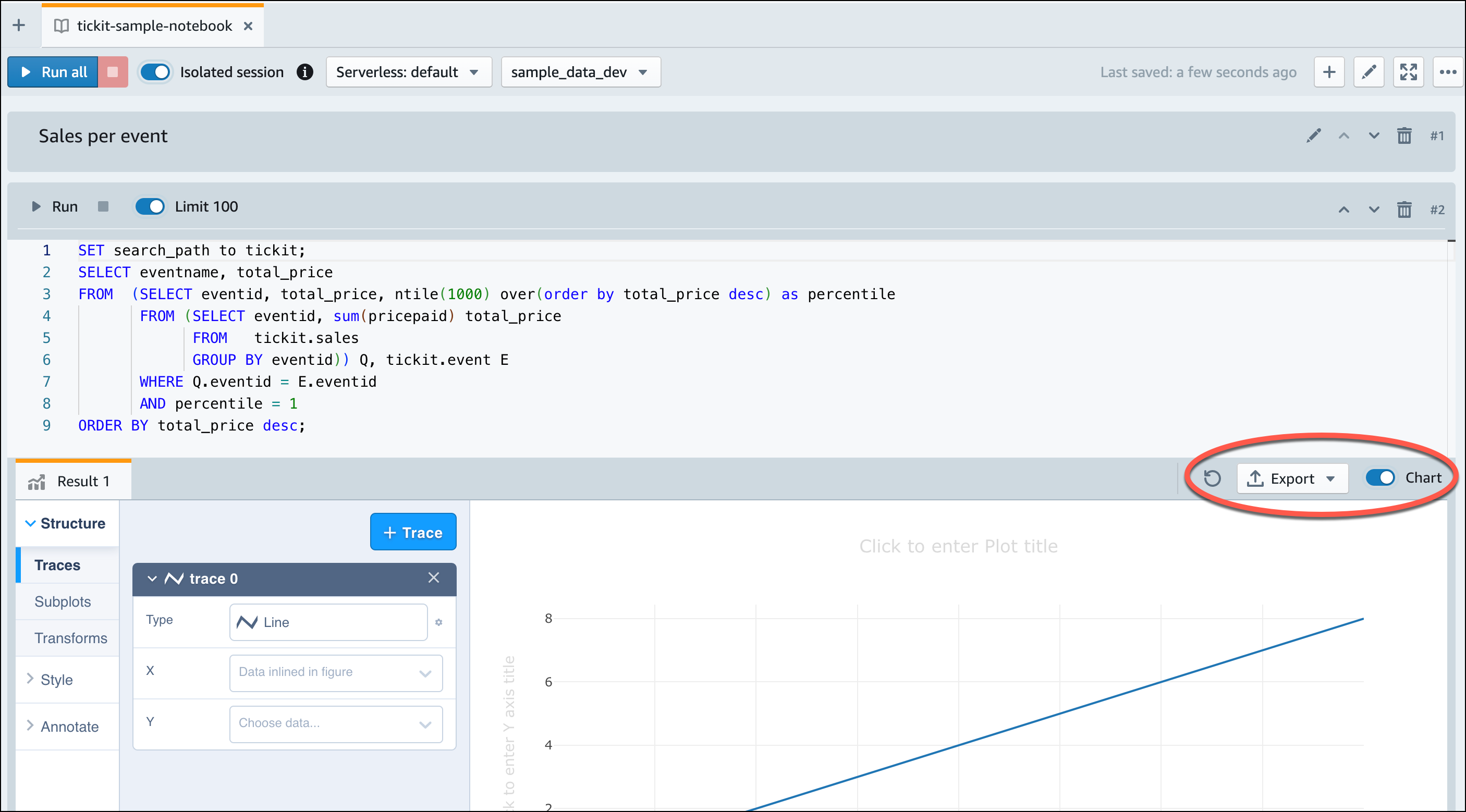 El botón Exportar del editor de consultas v2, situado junto al botón de visualización del gráfico.