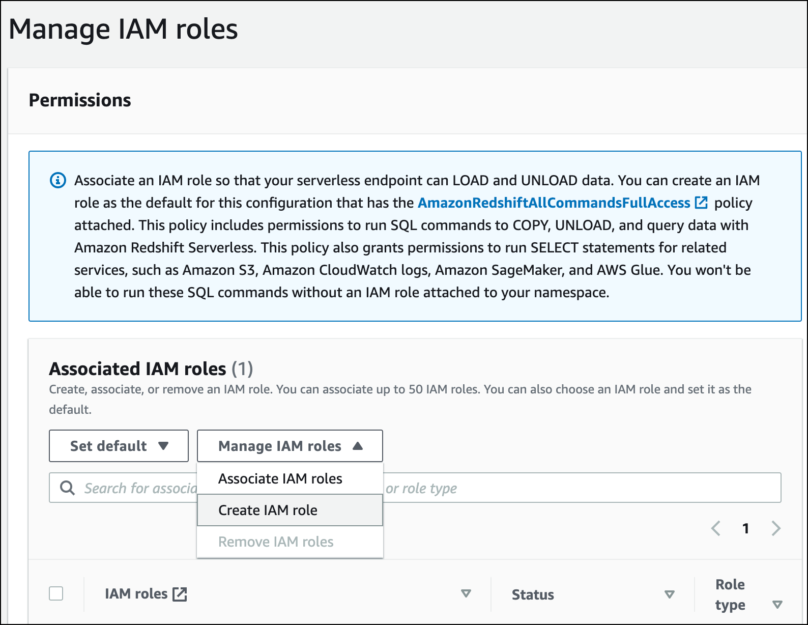 Expanda el menú Administrar roles de IAM y elija Crear rol de IAM.