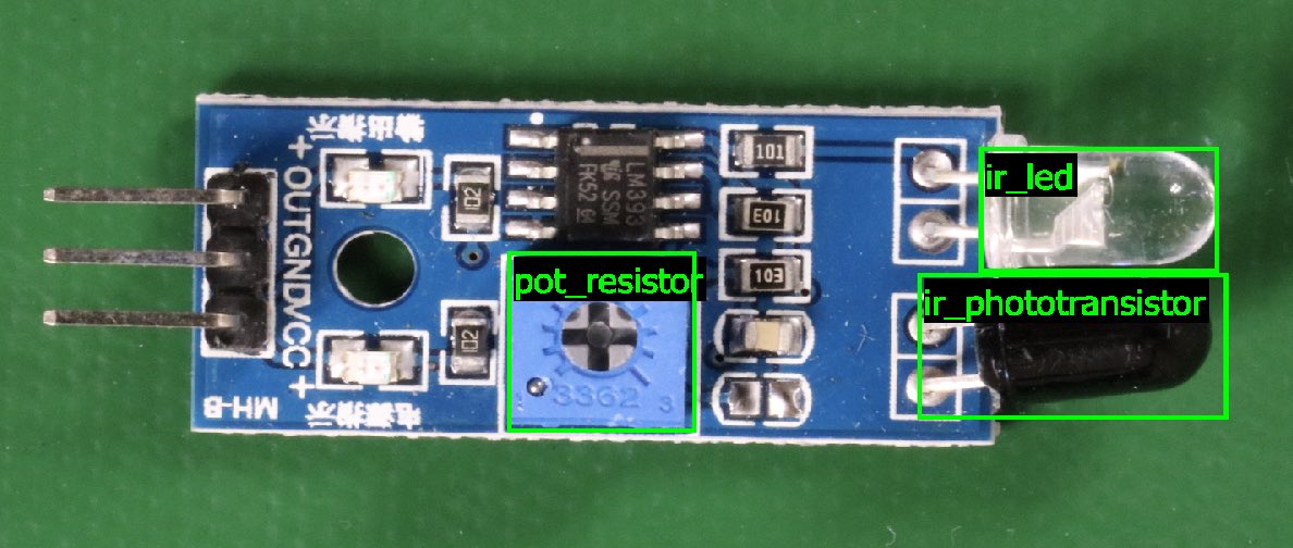 Placa de circuito con LED IR, fototransistor y potenciómetro para ajustes.