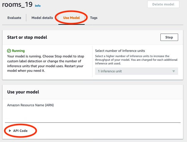 Interfaz que muestra los detalles del modelo con la opción de mostrar el nombre del recurso de Amazon (ARN) y el API código para usar el modelo.