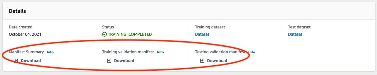 Captura de pantalla del panel de detalles del conjunto de datos con el estado, enlaces a conjuntos de datos de entrenamiento y pruebas, y enlaces de descarga de los elementos del manifiesto.