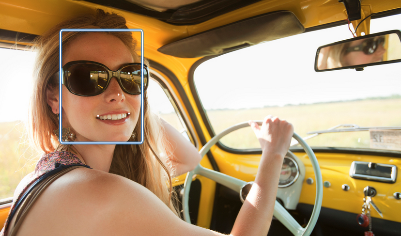 Mujer sonriente con gafas de sol y conduciendo un coche amarillo antiguo en una carretera abierta.