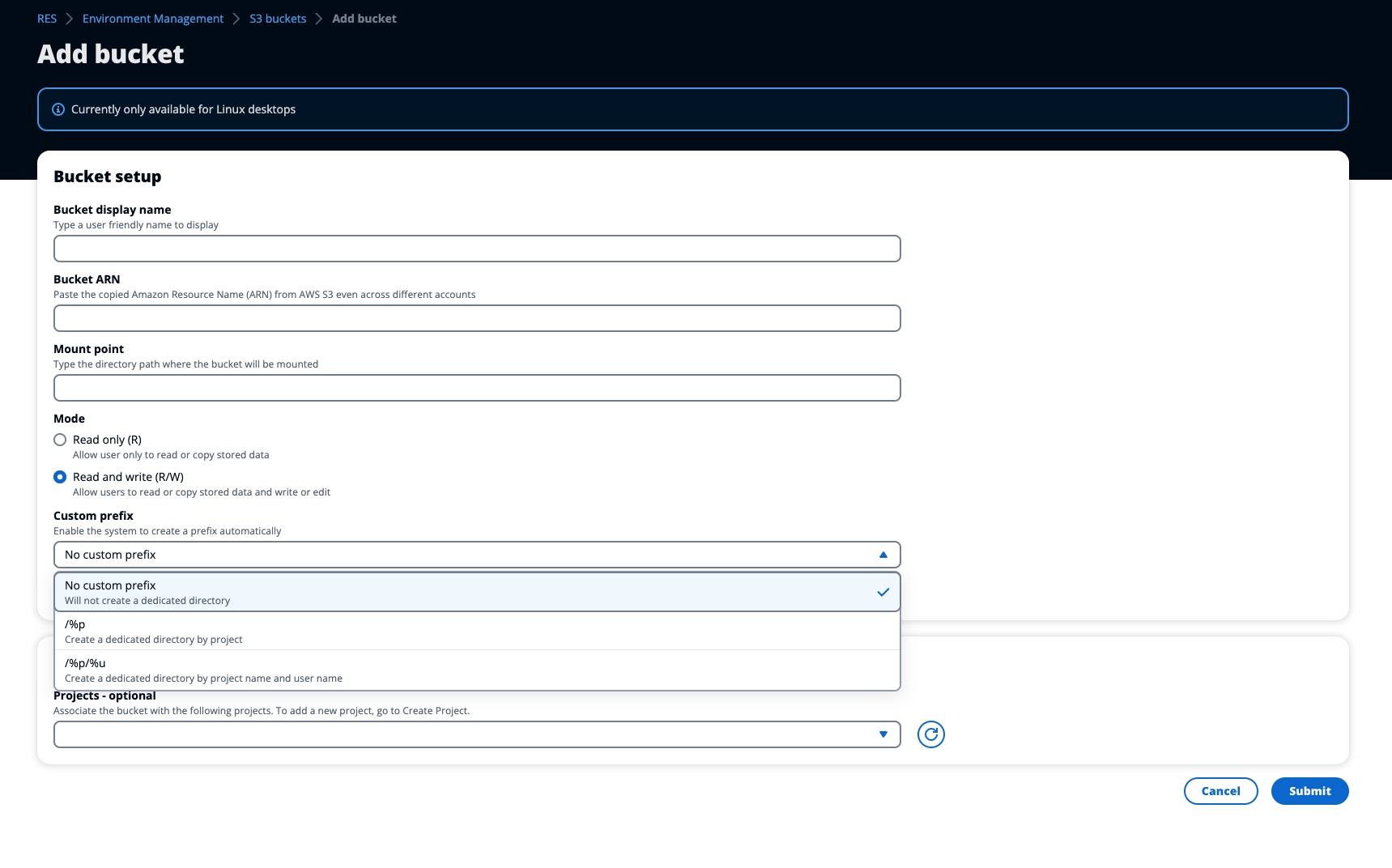 Form to add an S3 bucket, including fields for name, ARN, mount point, and access mode.