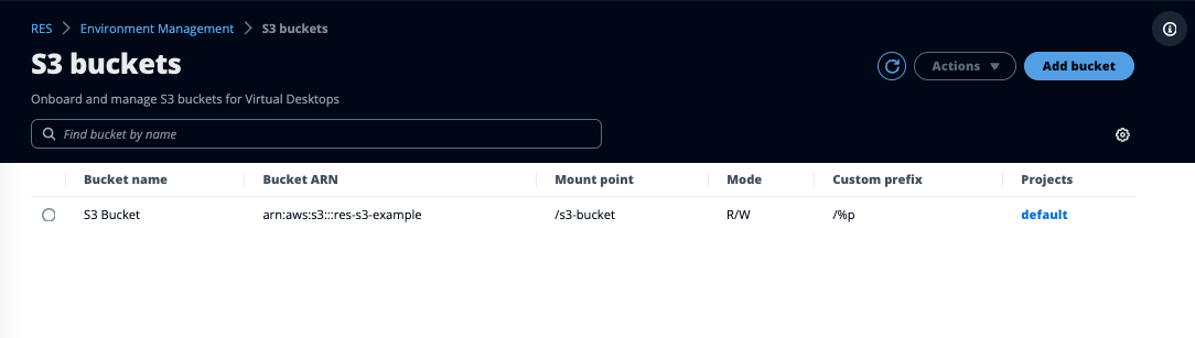 La lista de buckets de S3 te permite buscar por nombre de bucket y encontrar buckets integrados