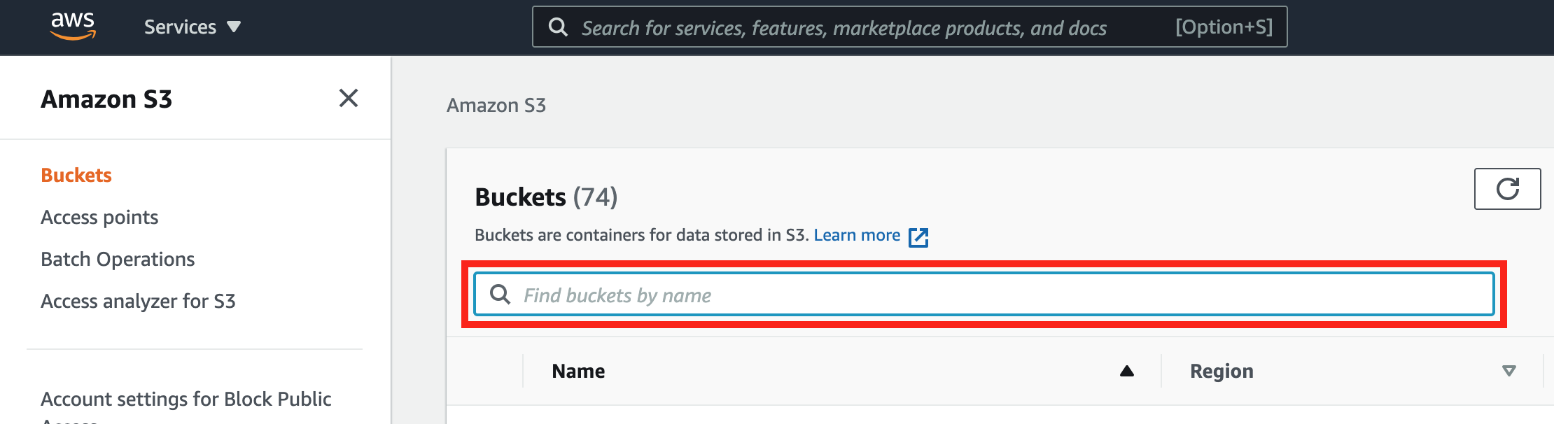 El campo Buscar bucket por nombre en la consola de Amazon S3.