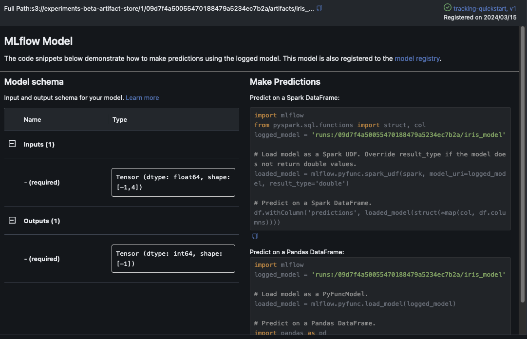 Se realizó un seguimiento de los artefactos del modelo para un experimento realizado en la MLflow interfaz de usuario.