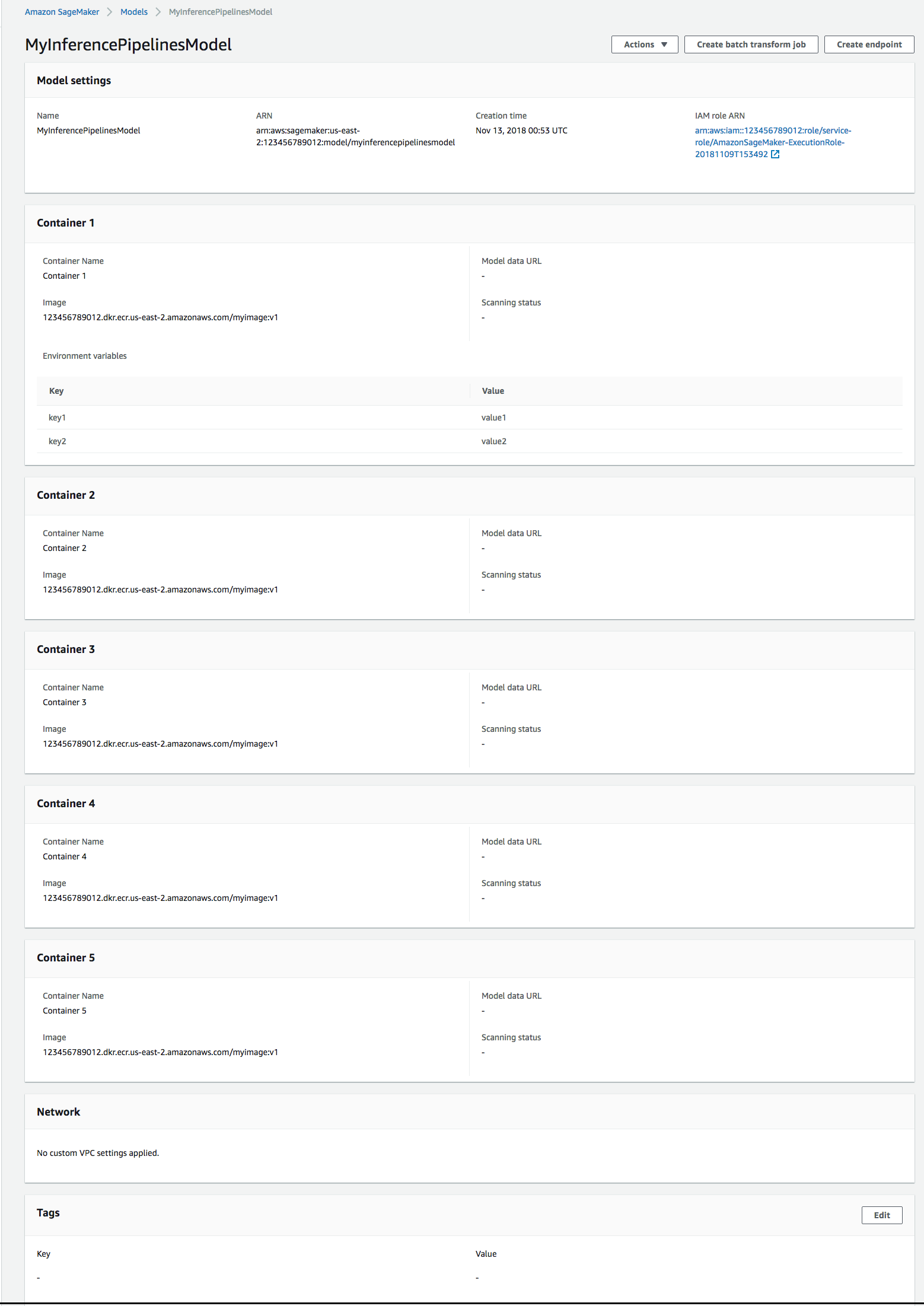 El resumen de configuración de contenedor para el modelo de canalización.