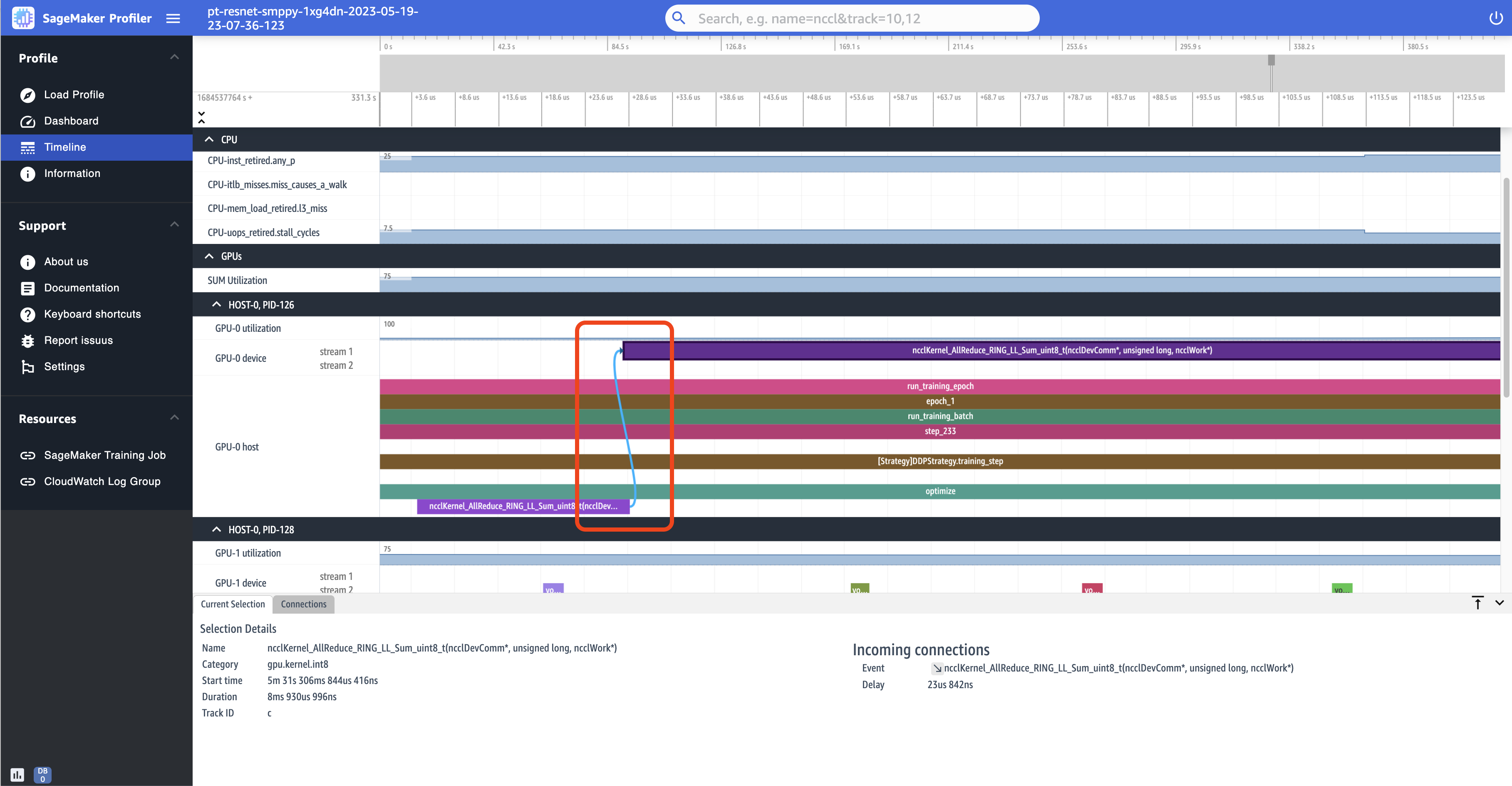 Captura de pantalla de la página de cronología de la interfaz de usuario del SageMaker generador de perfiles