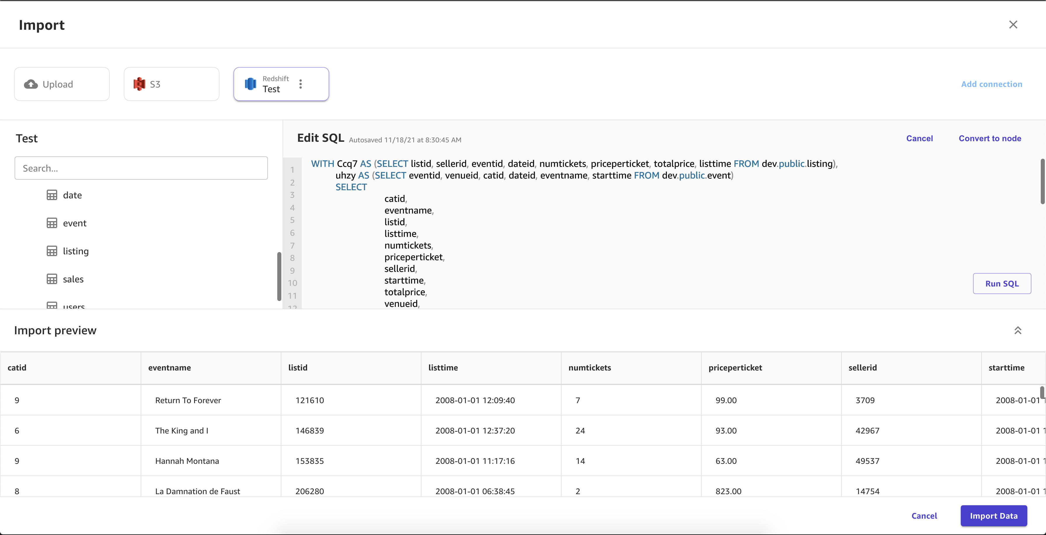 Captura de pantalla de una SQL consulta en el SQL editor de edición de la página de importación de Canvas.