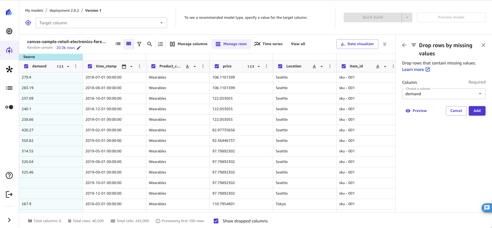 Captura de pantalla de la operación de eliminar filas mediante valores faltantes en la aplicación SageMaker Canvas.