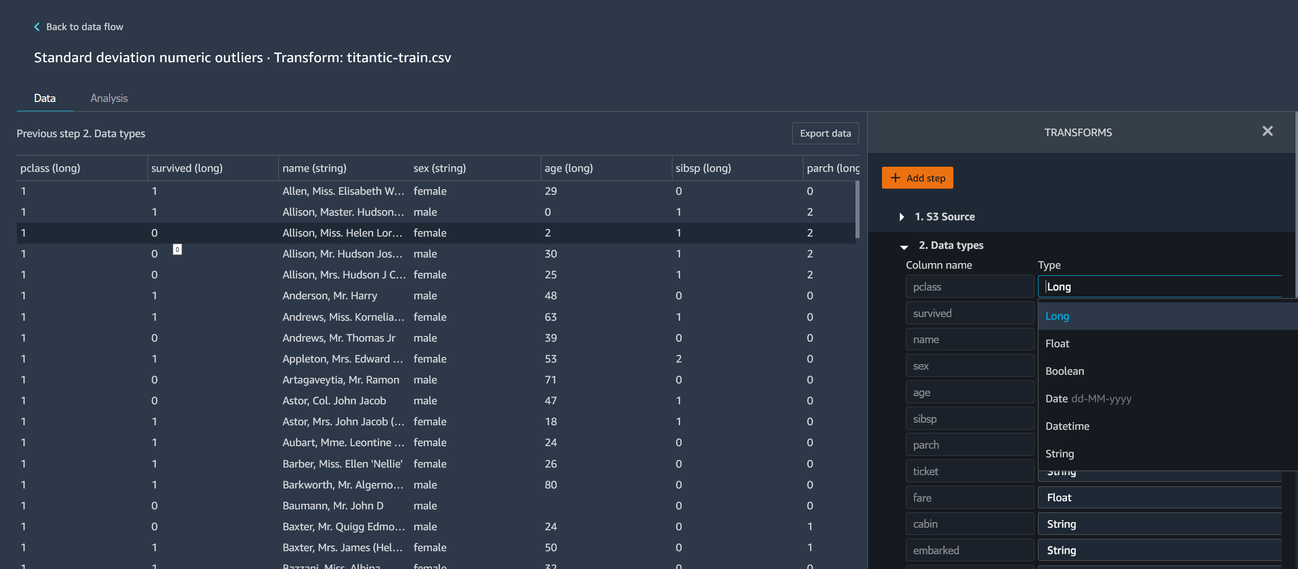 Ejemplo que muestra cómo editar los pasos de la página de flujo de datos de la consola Data Wrangler.