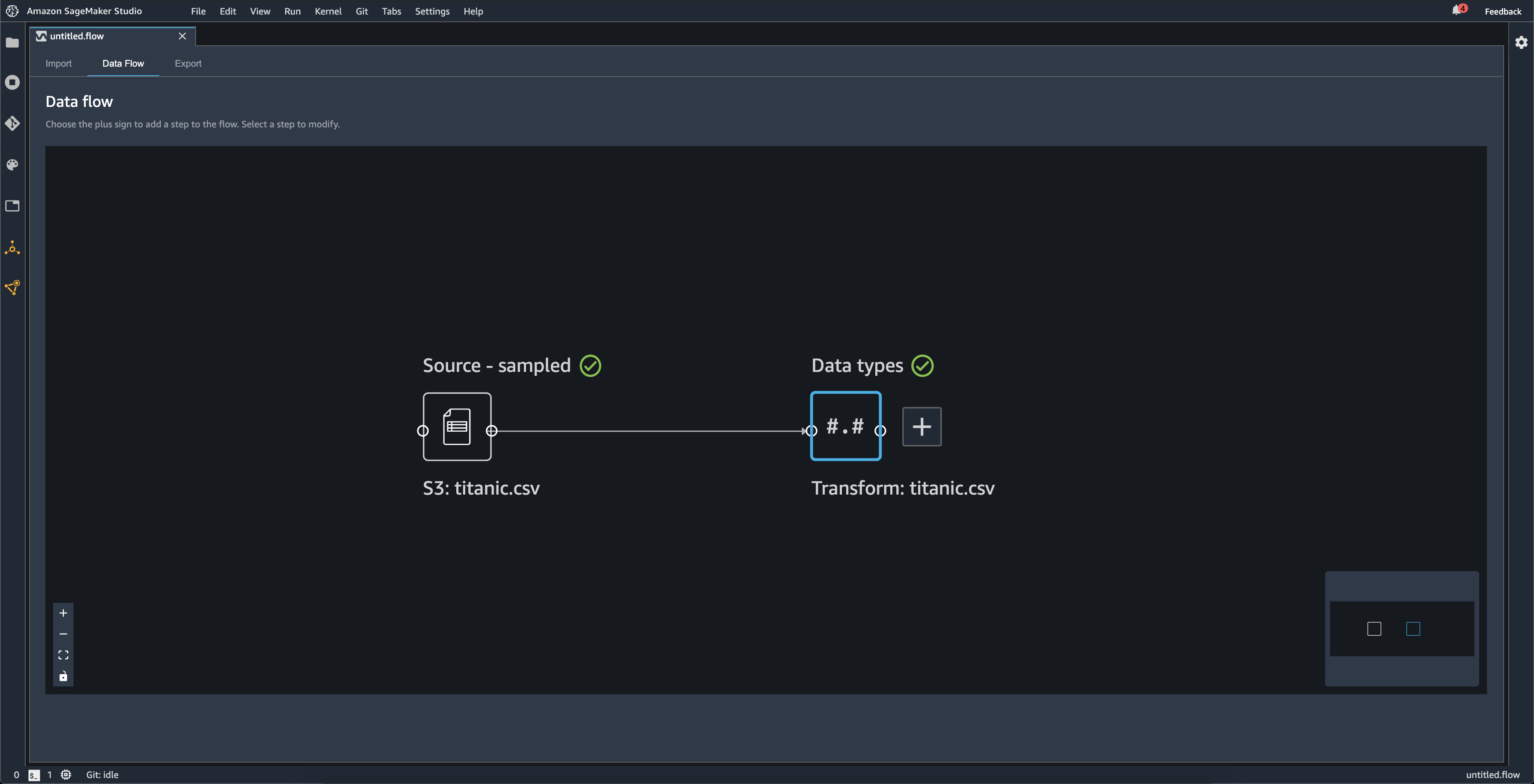 Ejemplo que muestra los tipos de datos y fuente muestreados en la consola de Data Wrangler.