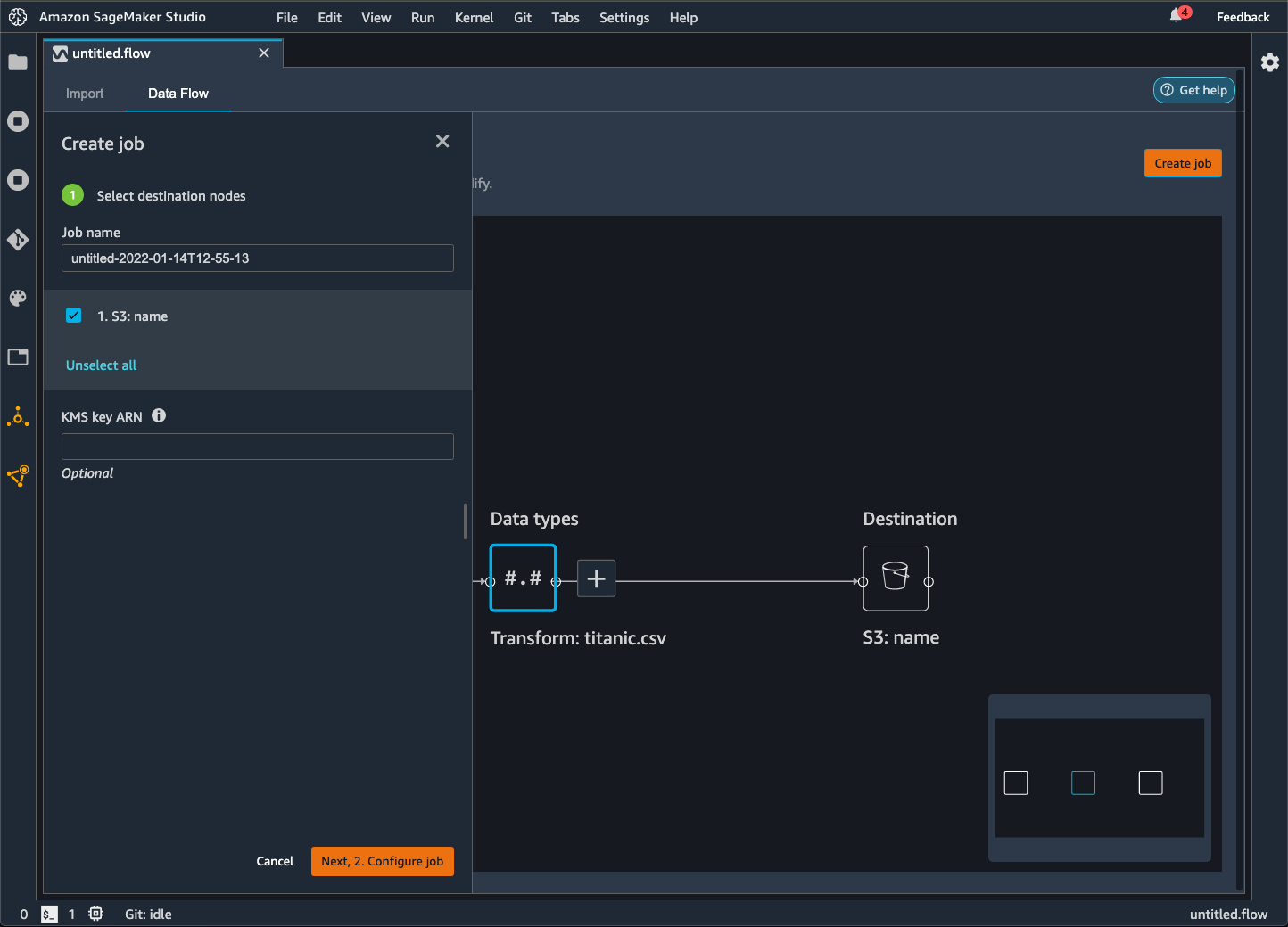 Ejemplo de panel de creación de trabajos de flujo de datos en la consola de Data Wrangler.