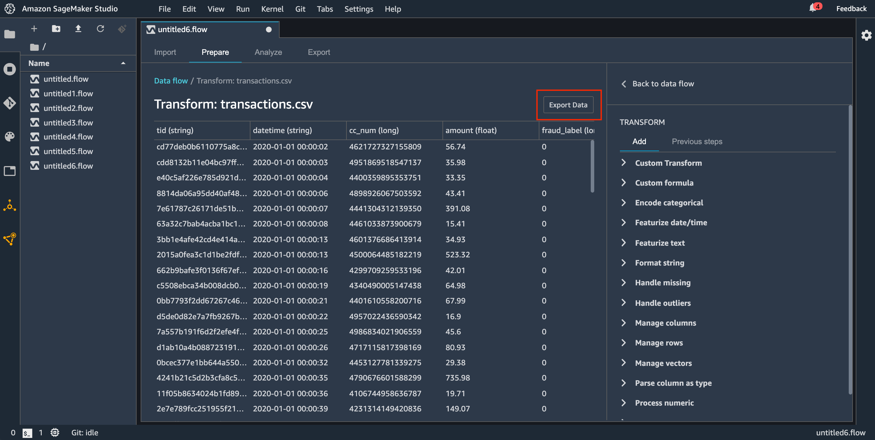 Ejemplo de flujo de datos que muestra cómo exportar datos en la consola Data Wrangler.