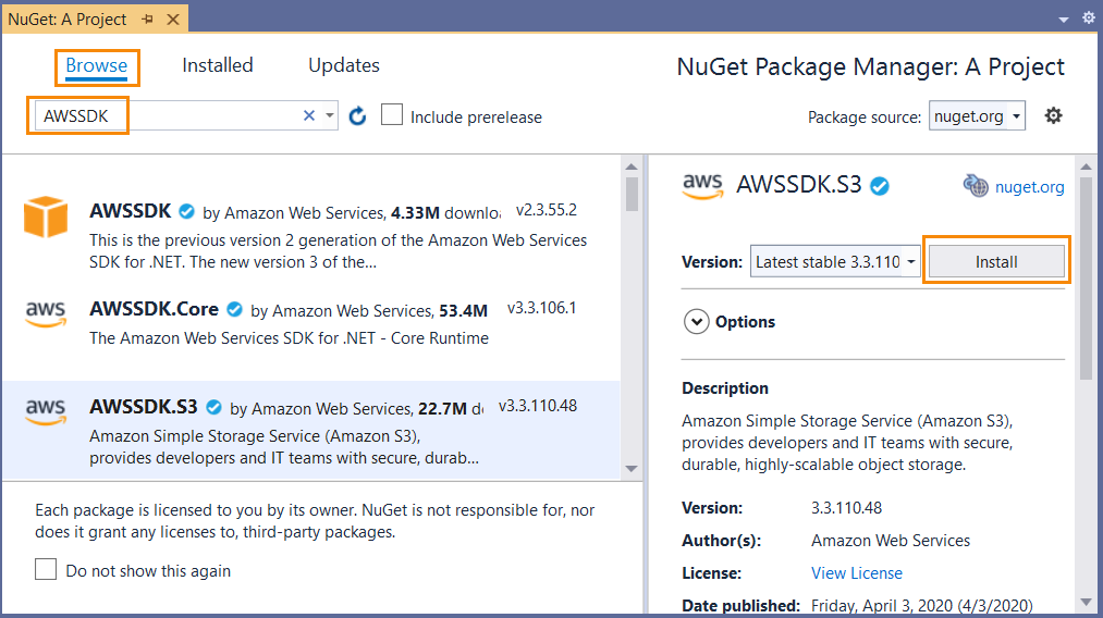 Paquete AWSSDK.S3 que se muestra en NuGet Packages Manager.