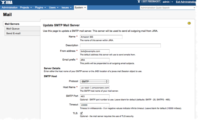 Configuración de correo electrónico de SMTP para JIRA