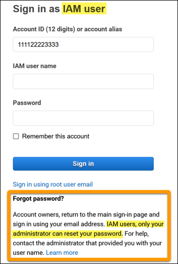 AWS Management Console muestra el enlace donde el IAM usuario ha olvidado su contraseña.