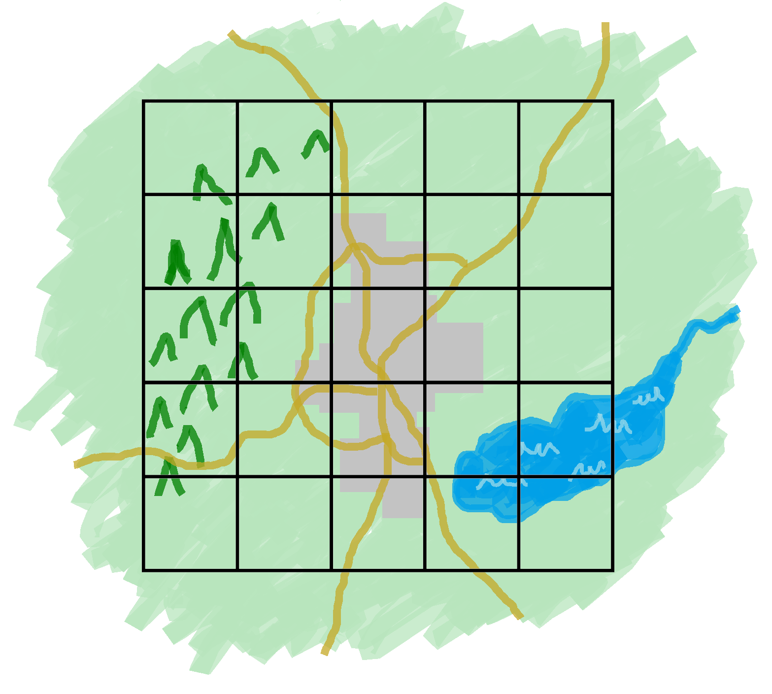 El mapa del mundo de la simulación dividido en una cuadrícula bidimensional