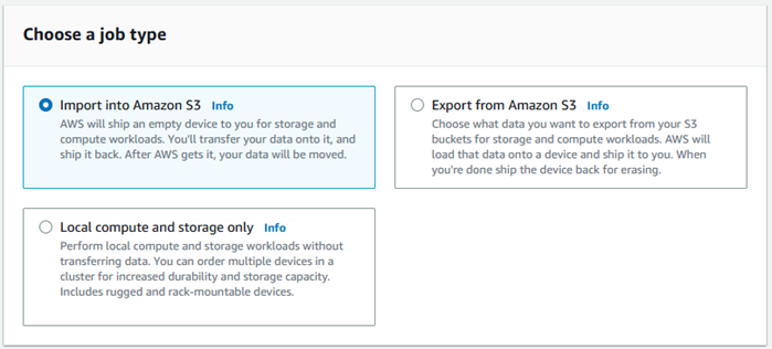 Panel Elegir un tipo de trabajo que muestra el tipo de trabajo Importar a Amazon S3 seleccionado.