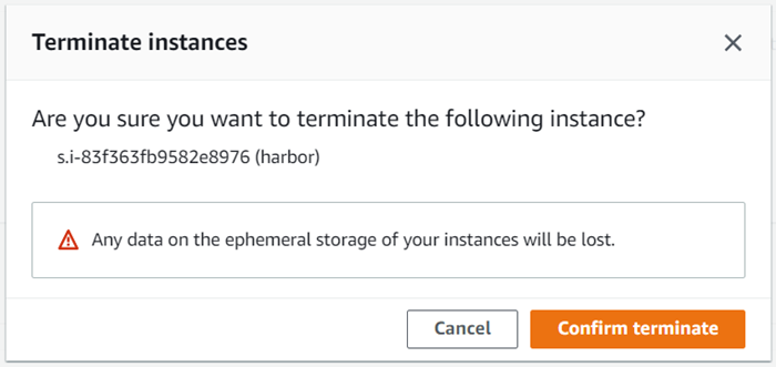 Ventana Terminar instancias que muestra el nombre de la instancia y el botón Confirmar terminación.