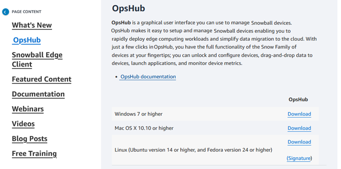 AWS Sitio web de recursos de Snowball que muestra AWS OpsHub las descargas.