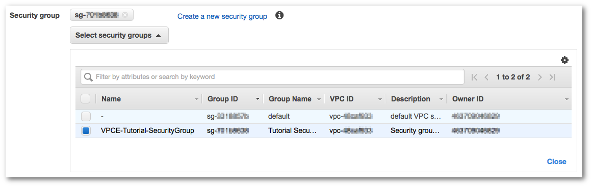 Los grupos de seguridad en la página Create Endpoints (Crear puntos de enlace).