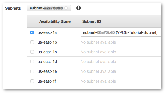 Las subredes en la página Create Endpoints (Crear puntos de enlace).