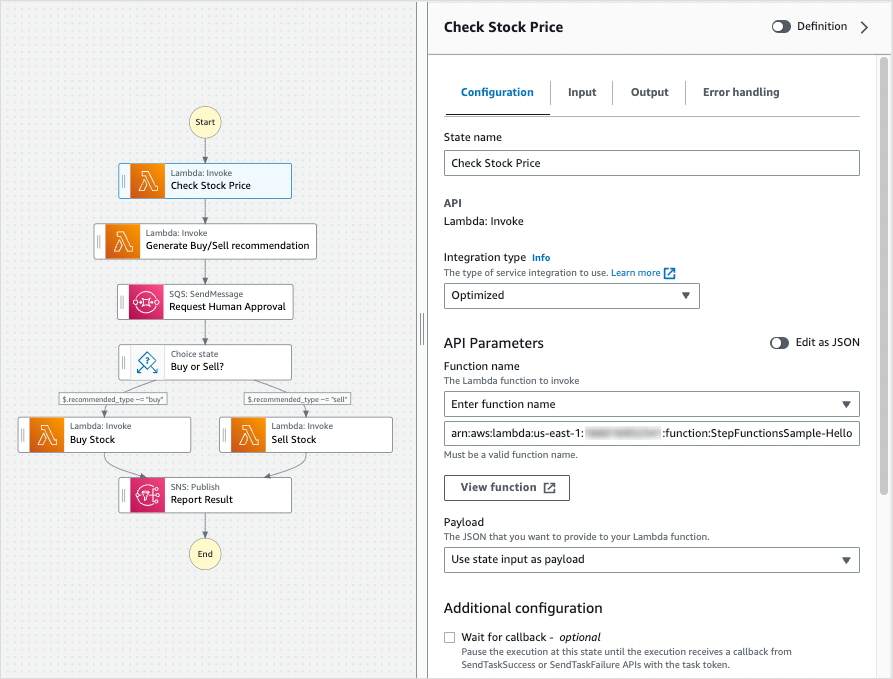 Captura de pantalla ilustrativa del inspector de Workflow Studio que muestra el panel de configuración