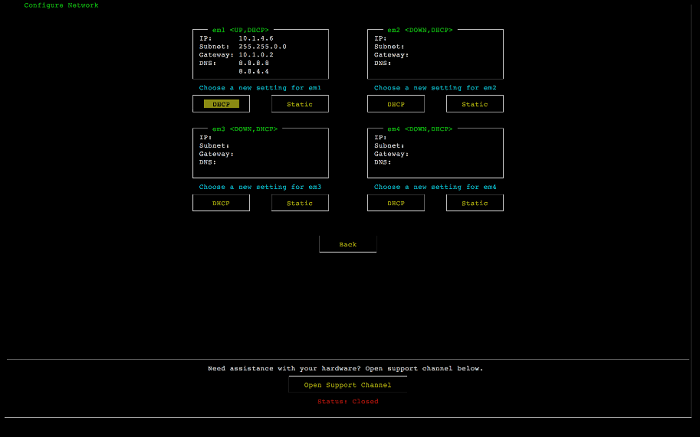 pantalla de configuración de red de la consola del dispositivo de hardware.