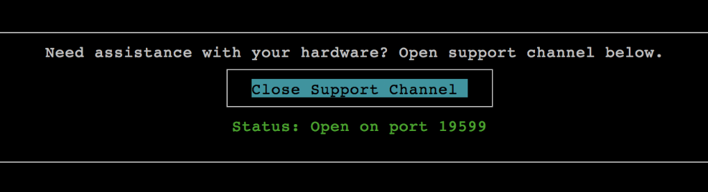 se muestra el estado de la consola del dispositivo de hardware con el canal de soporte.