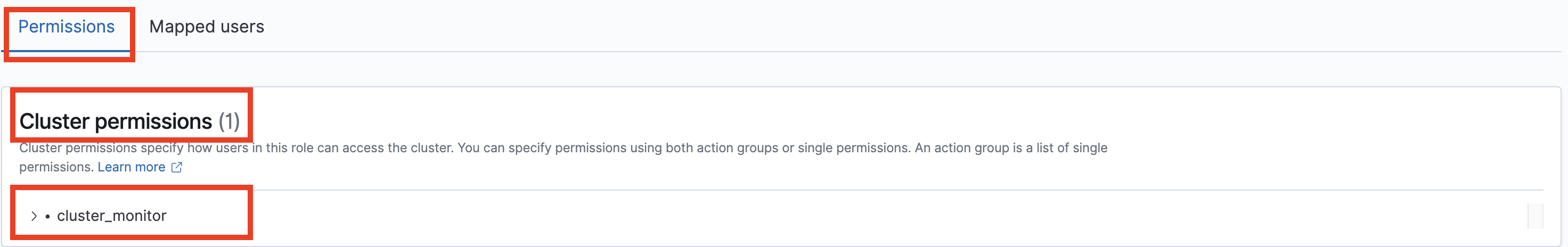 Clúster permissions section showing cluster_monitor permission granted.