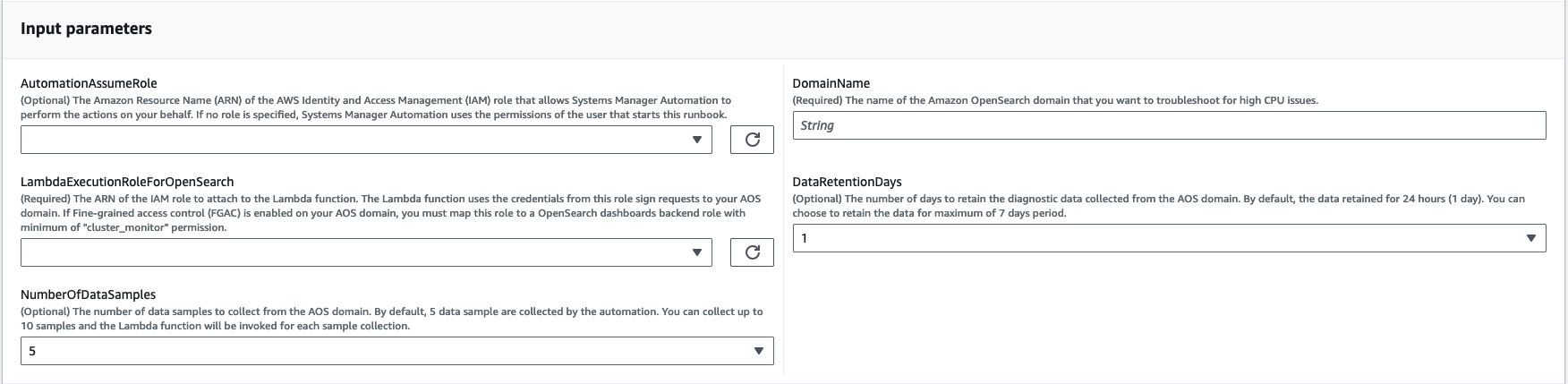 Input parameters form for AWS Systems Manager Automation with fields for roles and settings.