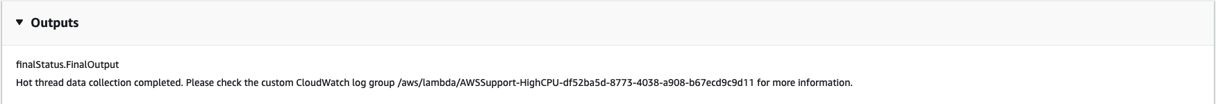 Output message indicating hot thread data collection completed with log group details.