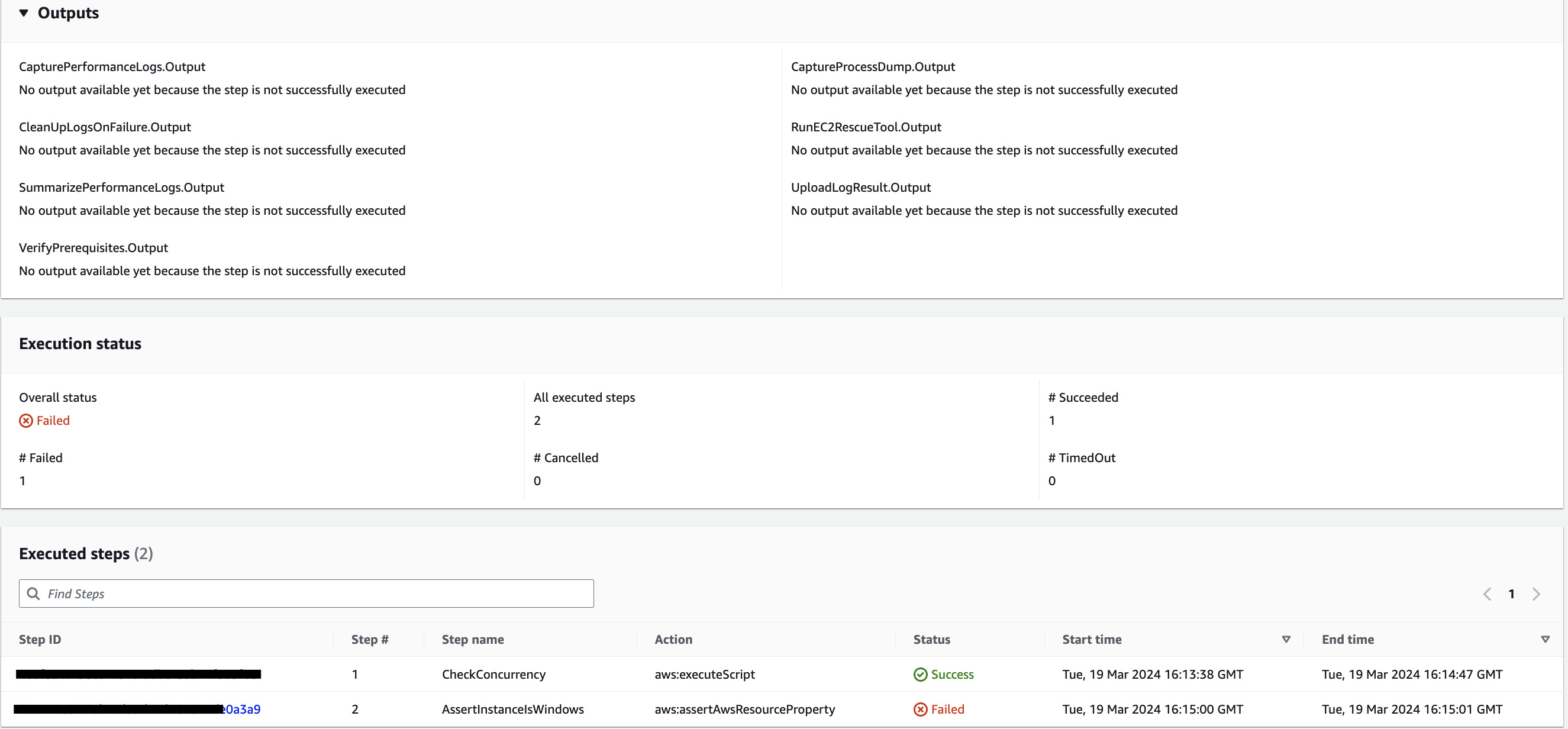 Execution status showing failed overall status with 2 executed steps, 1 succeeded and 1 failed.