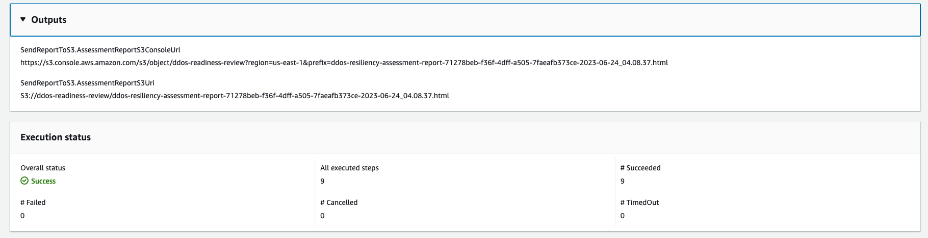 Execution status showing successful completion with 9 steps executed and no failures.