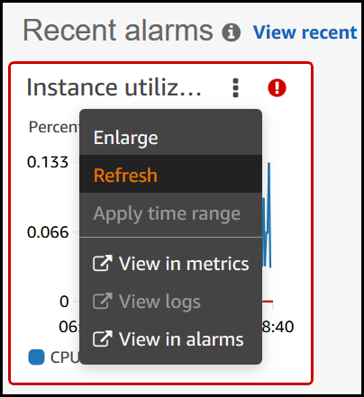 Opciones del widget de alarma en Application Manager.