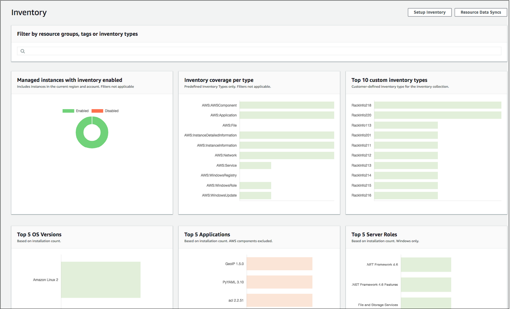 Tarjetas de Systems Manager Inventory en la consola de Systems Manager.