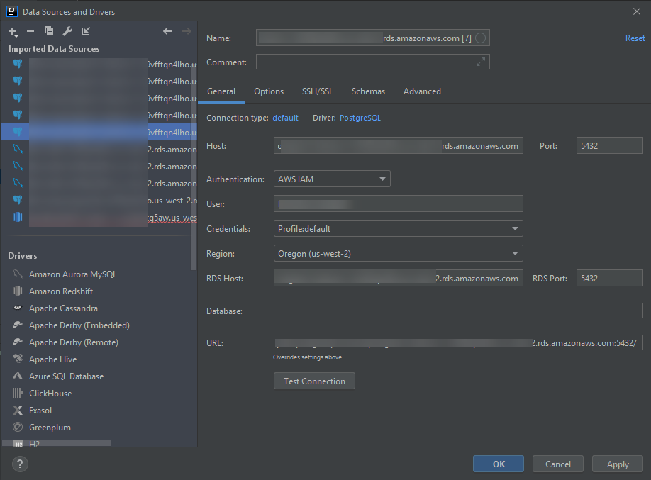 Ajustes de conexión para una base de datos de Amazon RDS con las credenciales de IAM utilizadas para la autenticación.