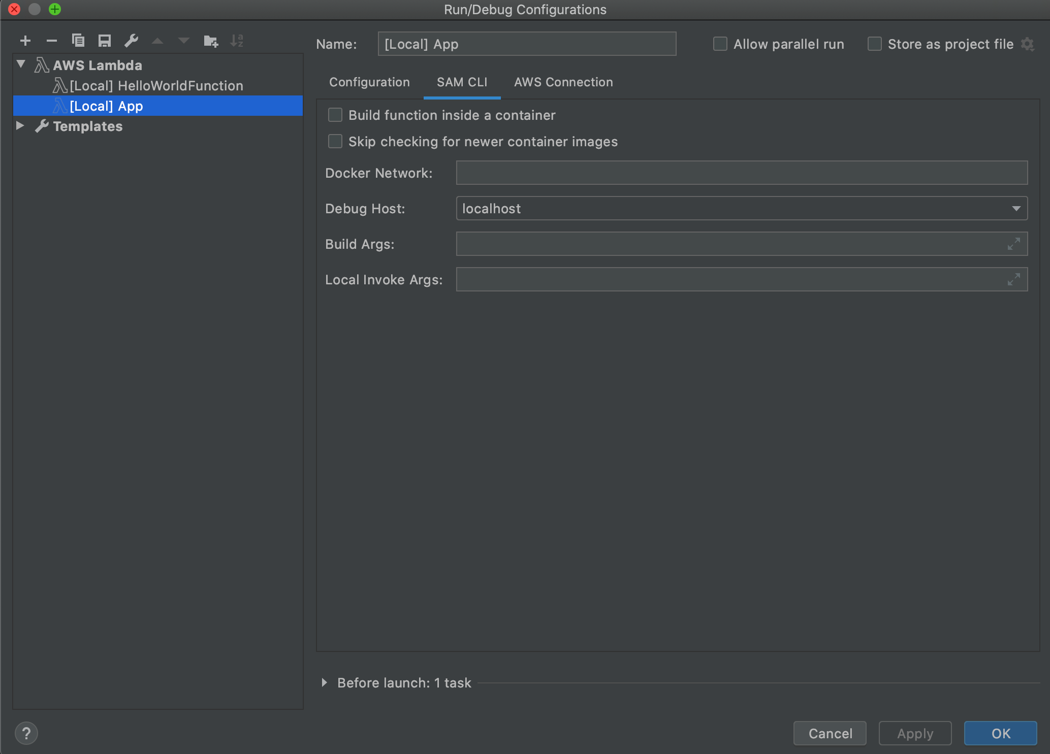 La pestaña CLI de SAM del cuadro de diálogo Configuraciones de ejecución/depuración para la configuración de funciones locales.