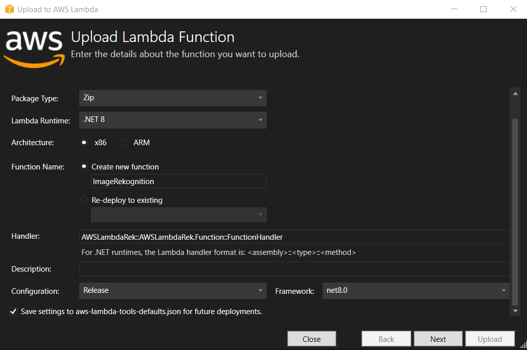 AWS Lambda function upload interface with package type, runtime, and configuration options.