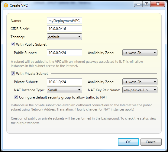 VPC creation form with public and private subnet options, CIDR blocks, and NAT settings.