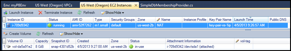 EC2 instance details showing a running NAT instance with attached EBS volume in us-west-2b.