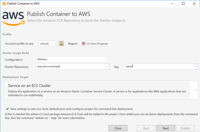 AWS Publish Container interface showing profile, Docker image, and deployment options for ECR.