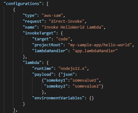 Configuración del archivo launch.json para invocar directamente las funciones de Lambda.